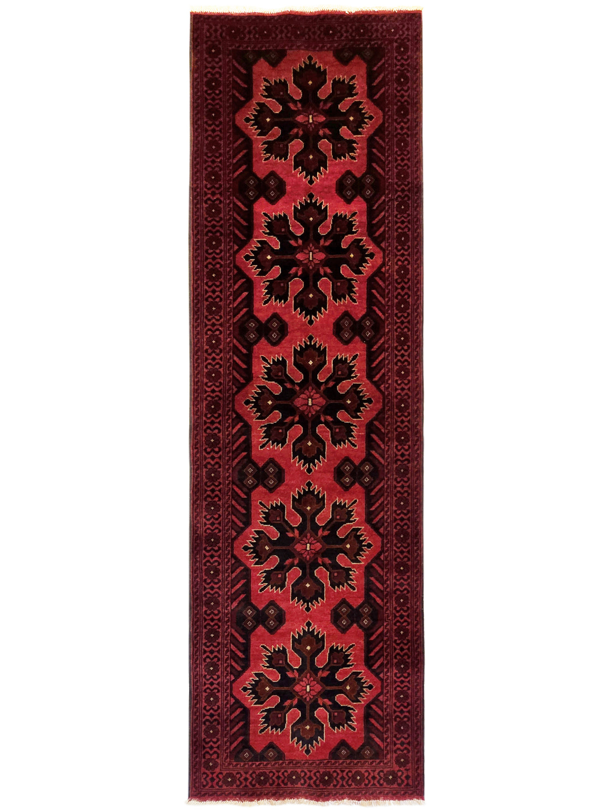 Maroon 290x79 runner rug with central panel of dark and tan floral medallions