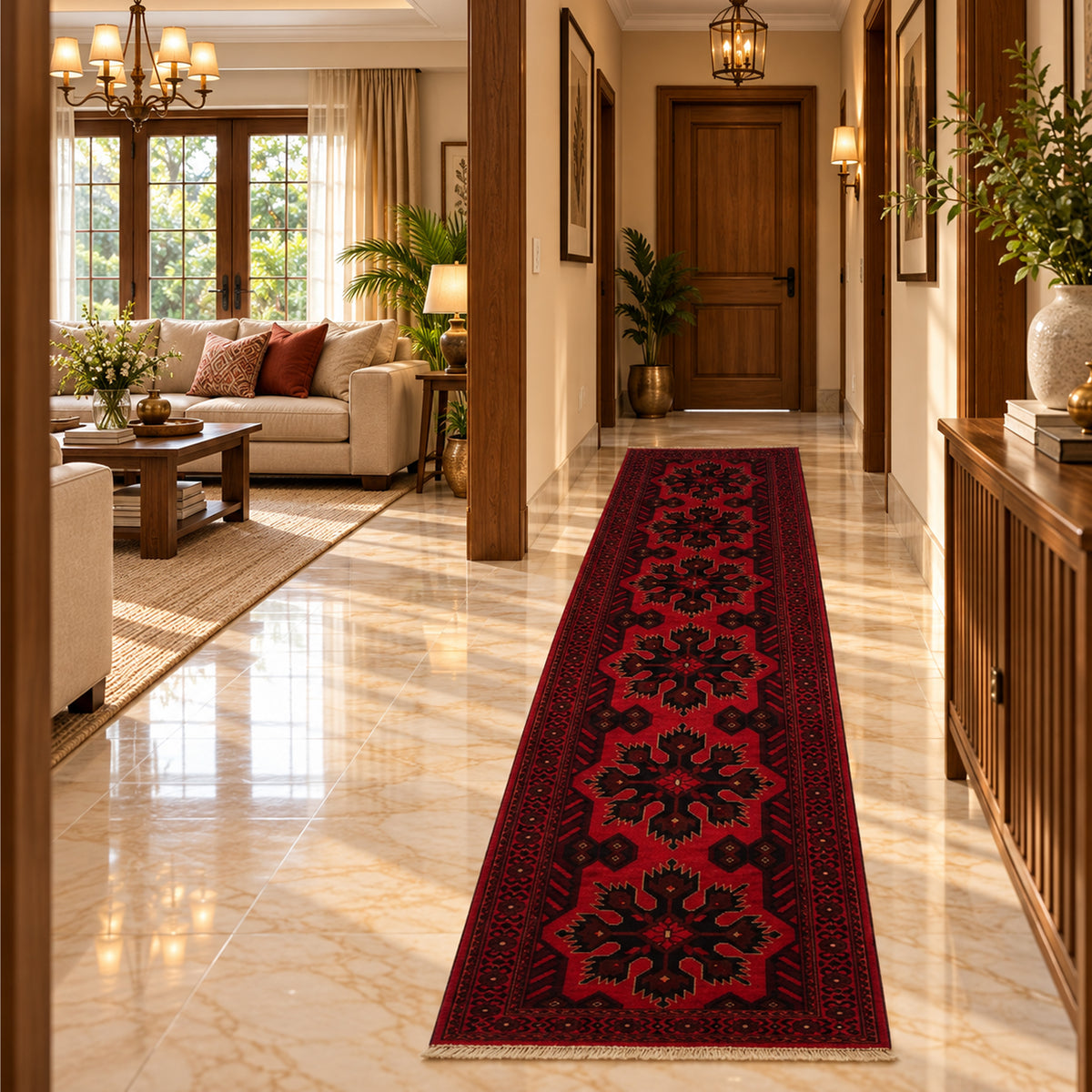 Maroon 290x79 runner rug with geometric motifs and cream fringe