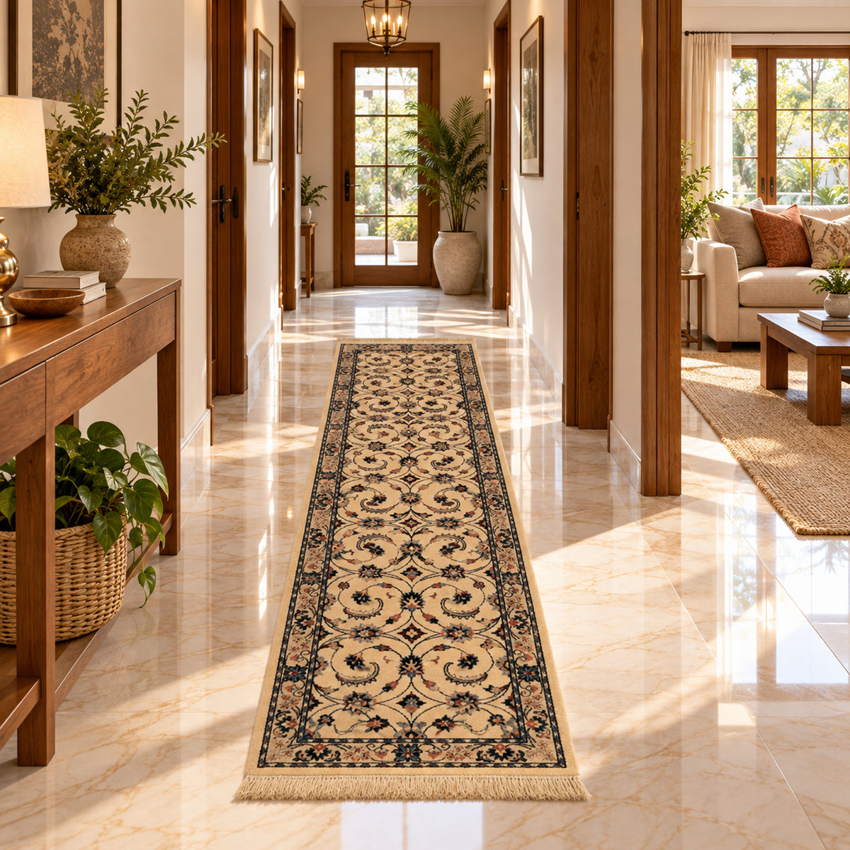 Narrow runner rug with beige floral design, navy border, and tassel-like fringe.