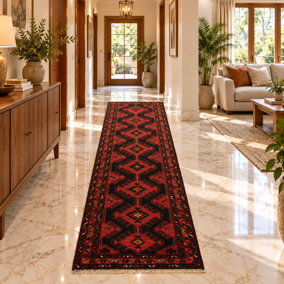 Narrow red and black geometric runner rug with central medallion and bordered design.