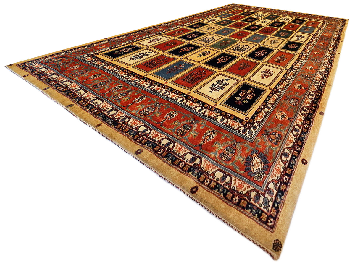 Multicolor rectangular rug with central geometric panel and ornate border trim