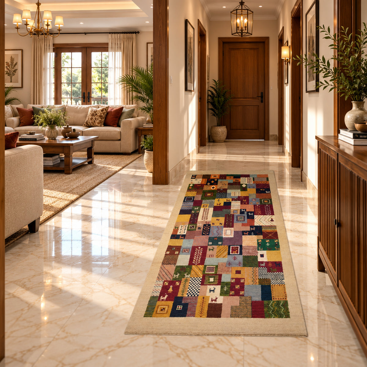 Multicolor patchwork rug runner with geometric blocks on beige backing.