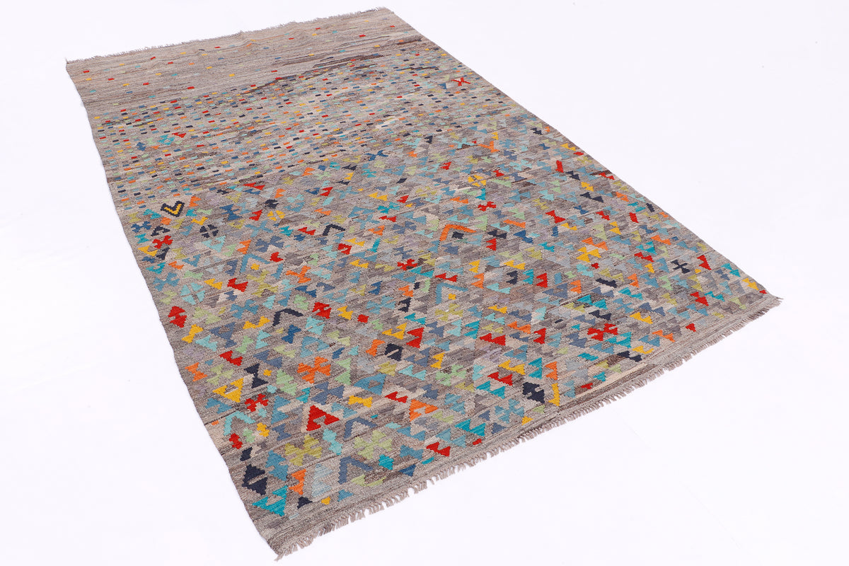 Kelim rug with geometric multicolor pattern on a gray base, flatwoven with short fringe