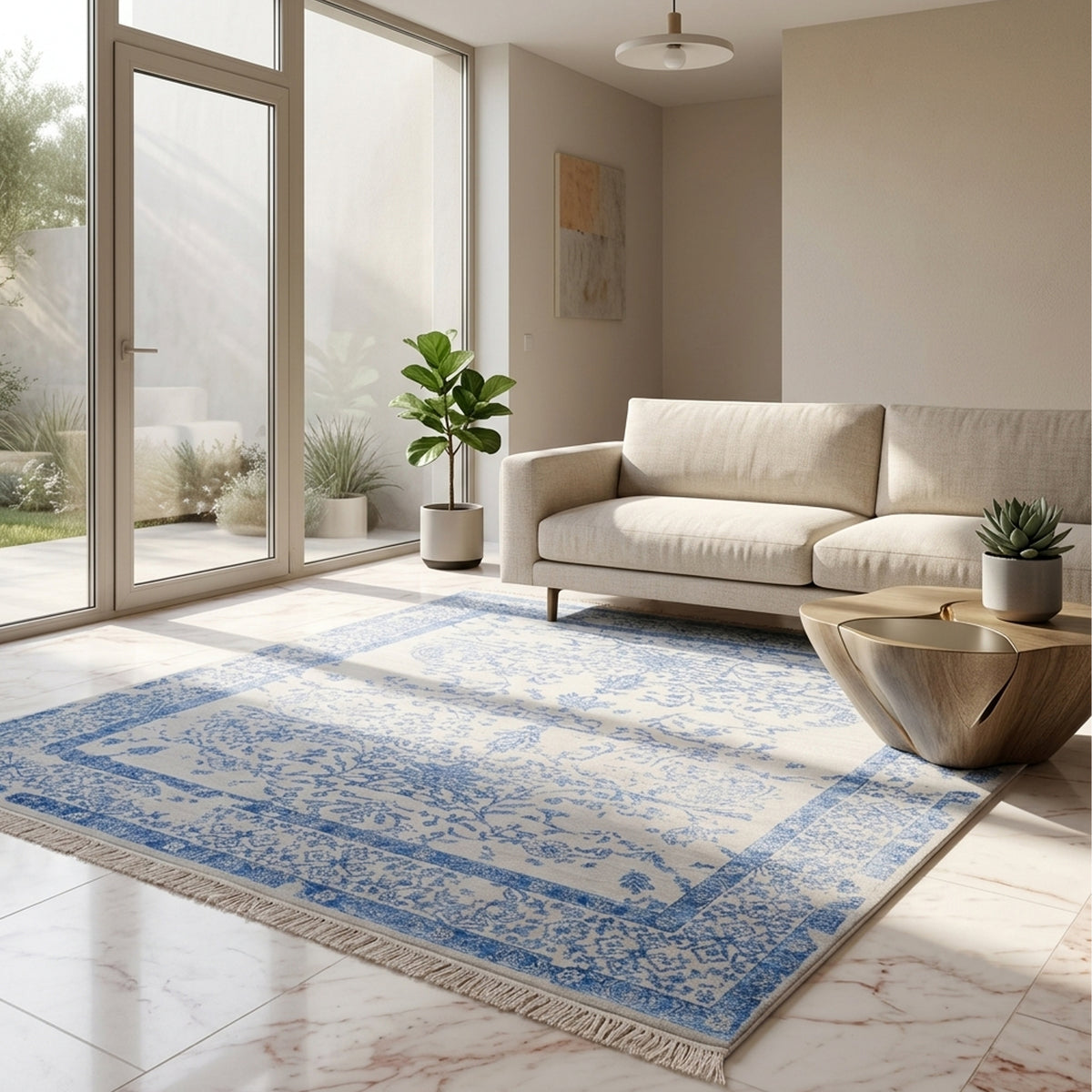 Modern rug 310x244 cm with blue ornate pattern laid on floor beside sofa and decor