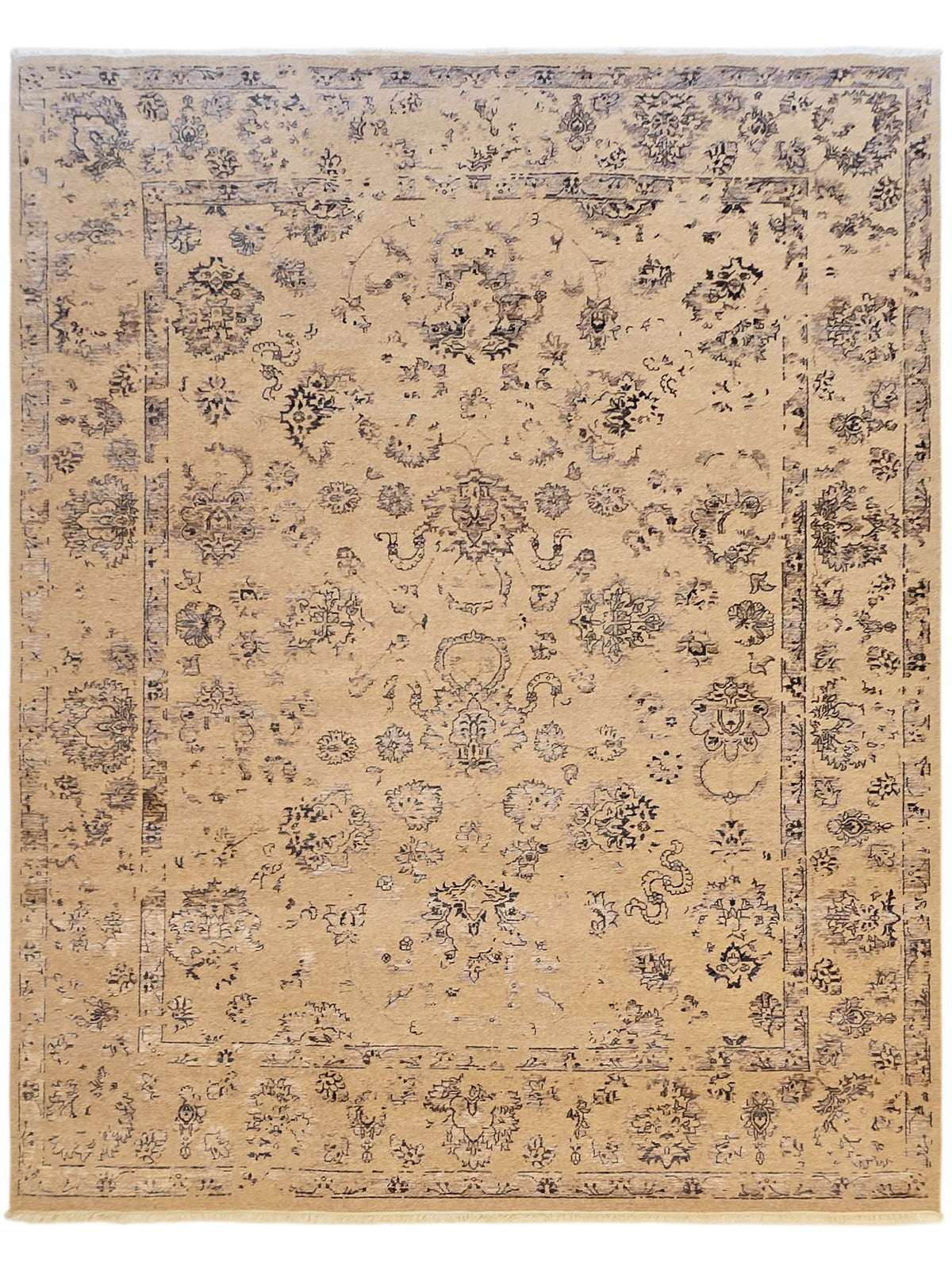 Modern rug 305x245 cm beige with dense blue-gray floral pattern and border, flat view