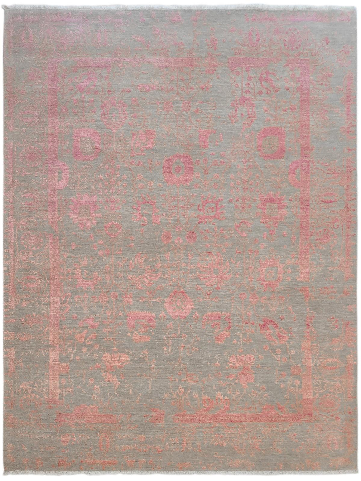 Cropped view of modern area rug, gray ground with faded pink motif pattern