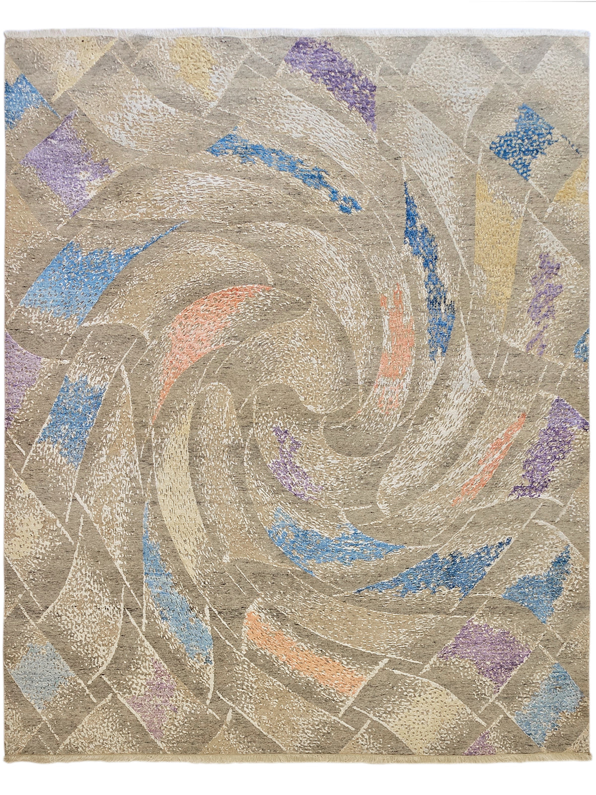 Modern abstract rug flat view with beige-gray swirl pattern and blue, purple, and orange accents