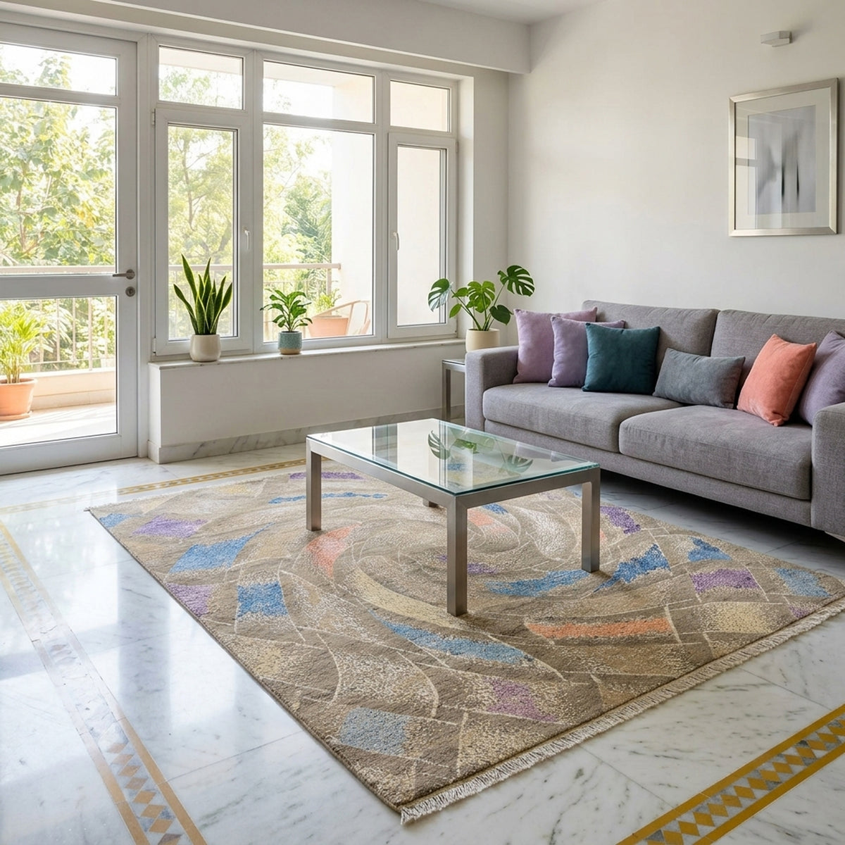 Modern abstract area rug with fringe, beige-gray swirls, and blue, purple, and orange accents