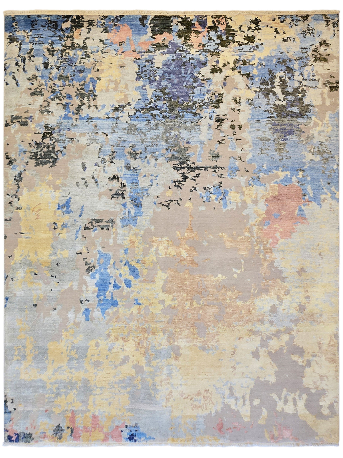 300x240 cm modern abstract area rug with distressed beige, blue, gray, and orange