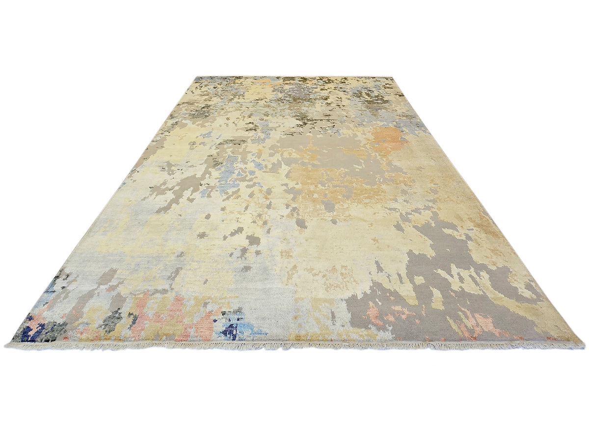 300x240 cm modern abstract rug with wide rectangular layout, beige and blue-gray pattern