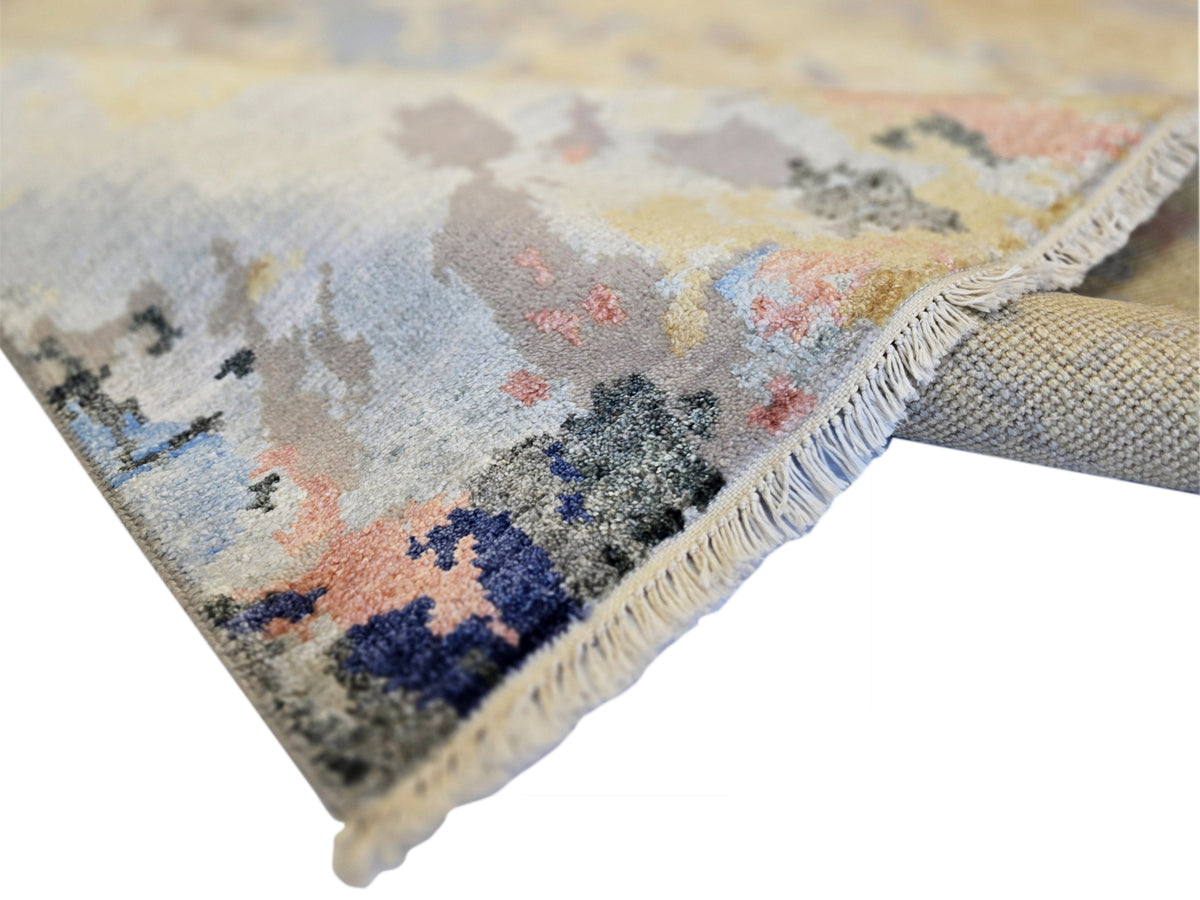 300x240 cm modern abstract rug corner with short fringe and blue-gray pattern