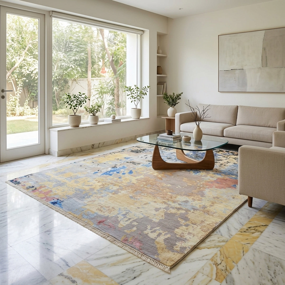 300x240 cm modern abstract rug centered in a room, faded beige with blue and rust