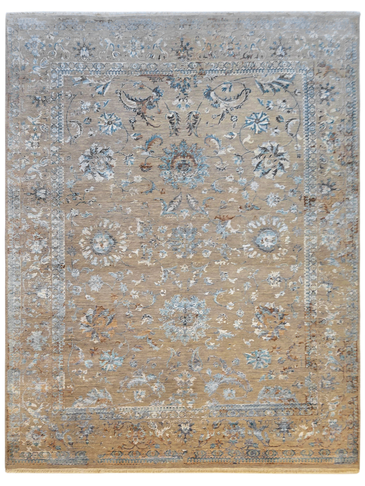 Rectangular modern area rug with central medallion and floral border, beige and blue