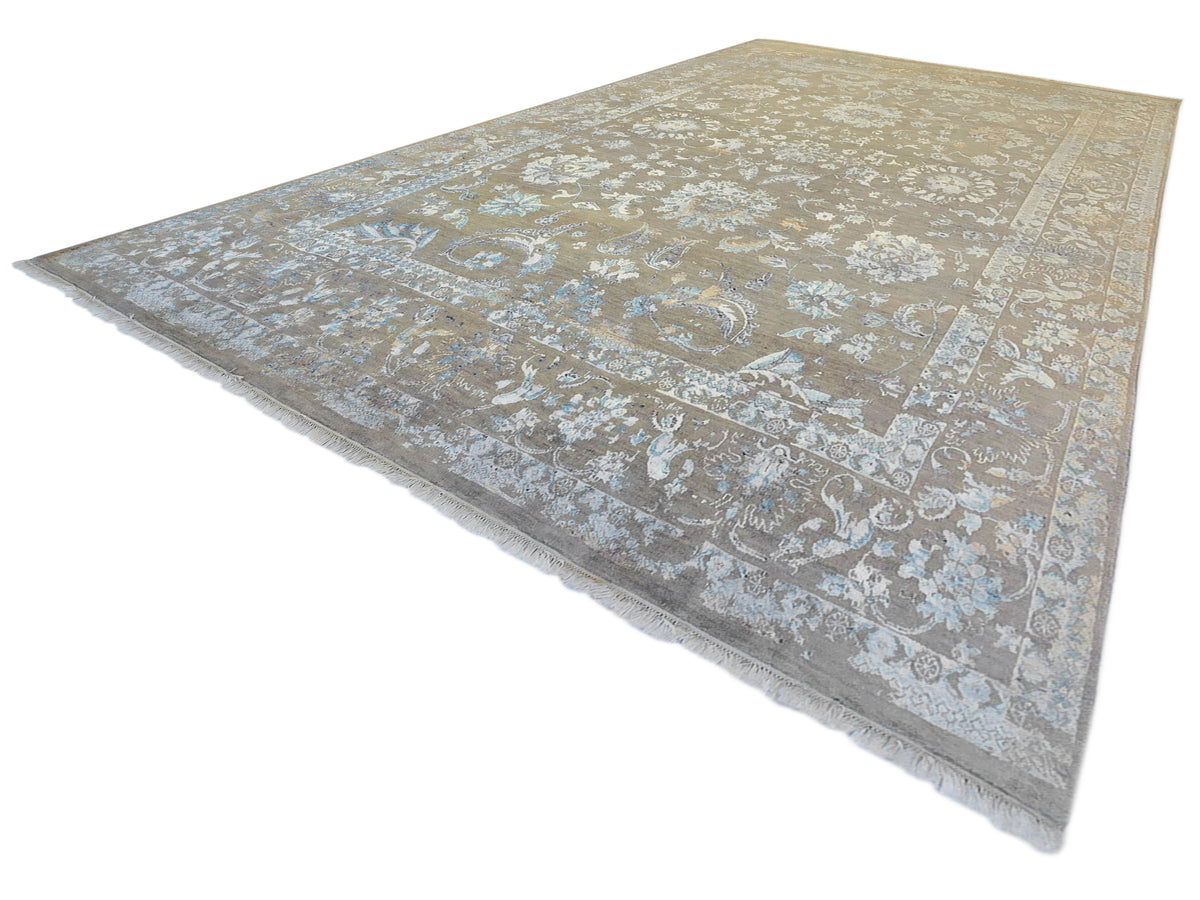 Modern area rug with ornate floral motifs and border, beige with blue tones