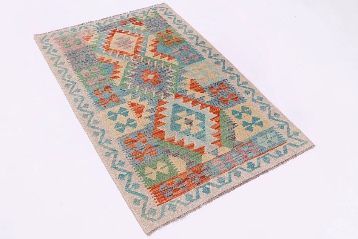 Multicolor flatweave area rug with geometric motifs on beige ground