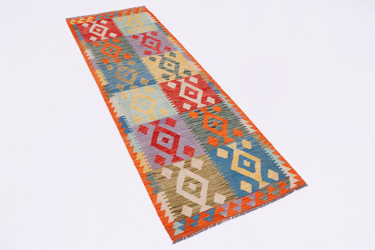 Kilim rug runner with diamond and geometric motifs in orange, blue, red, beige and green