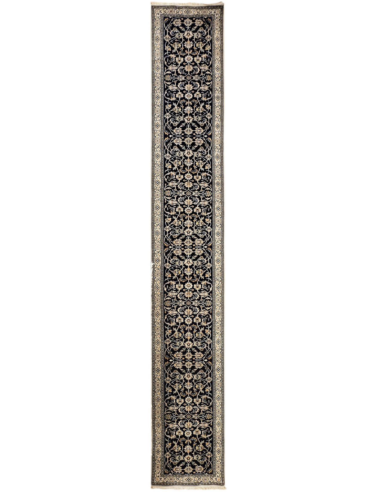 Nain rug 599x81 cm tall view, dark navy vertical medallion pattern with gold and cream trim