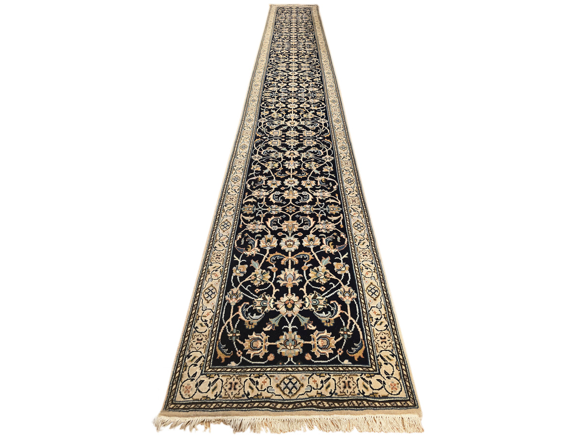 Nain rug 599x81 cm, dark navy with ornate gold and cream floral pattern, short fringe