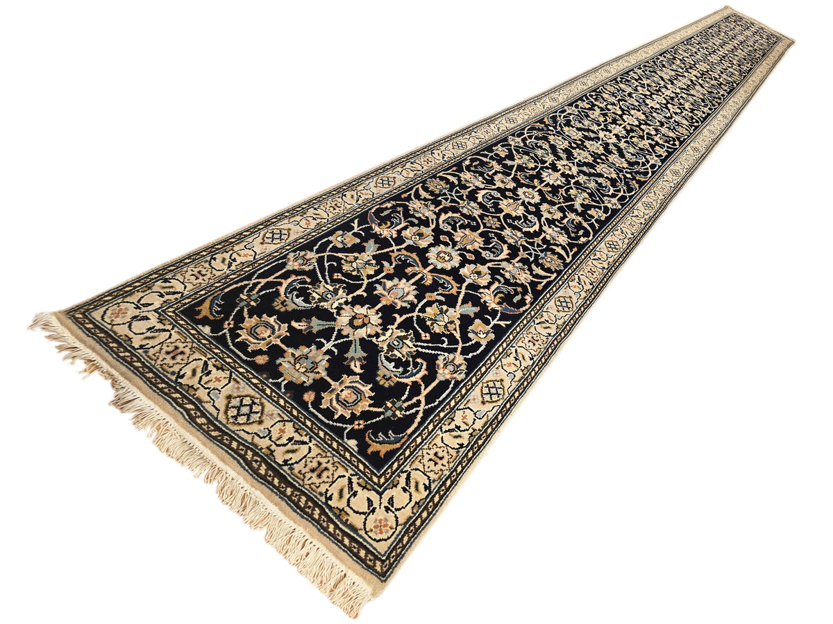 Nain rug 599x81 cm, navy field with gold and cream medallions, decorative border, fringe