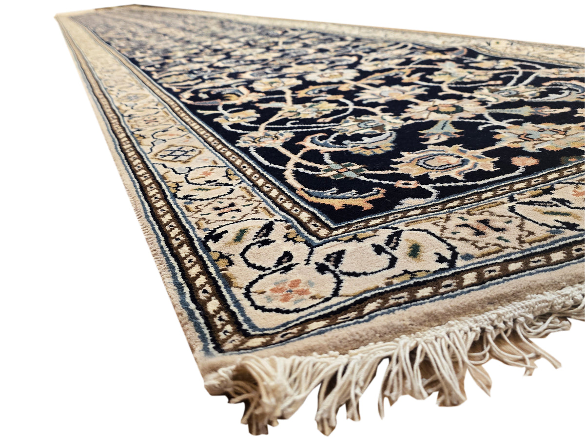 Nain rug 599x81 cm, navy and cream pattern with gold details, fringed border along edge