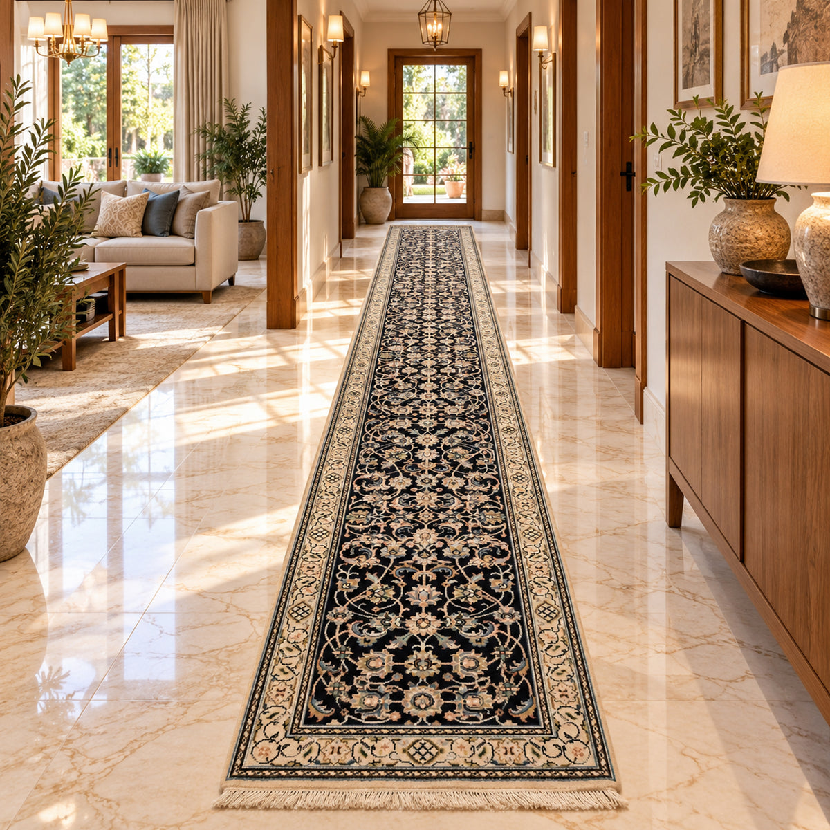 Nain rug 599x81 cm centered runner, dark navy with ornate gold-and-cream floral design
