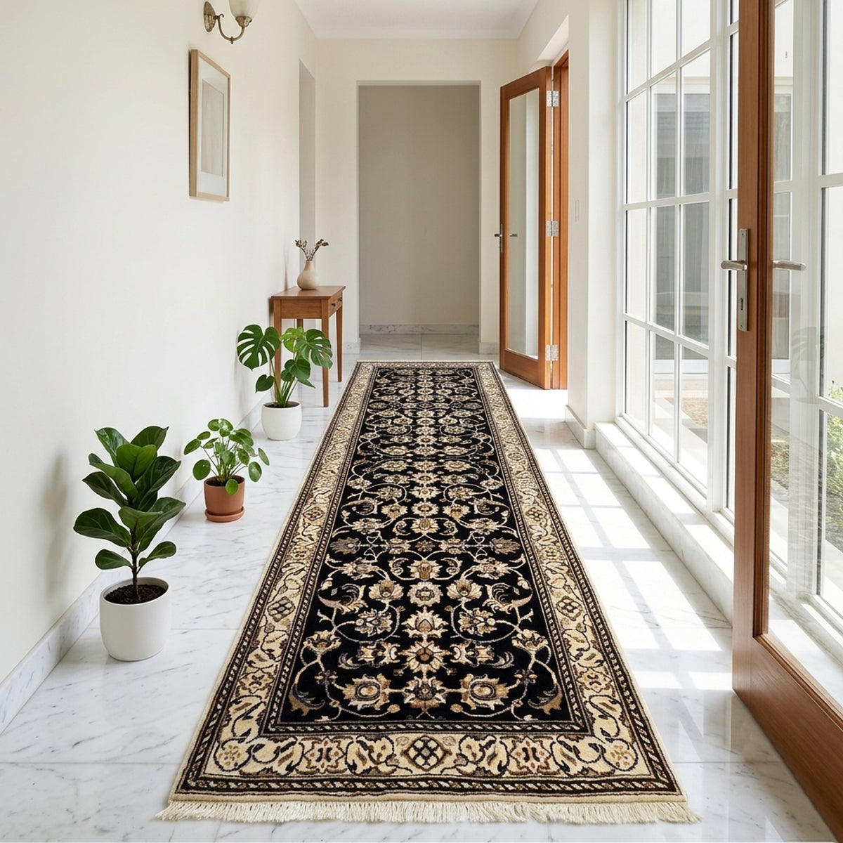 Vintage-style runner rug with ornate black, gold, and cream medallion pattern