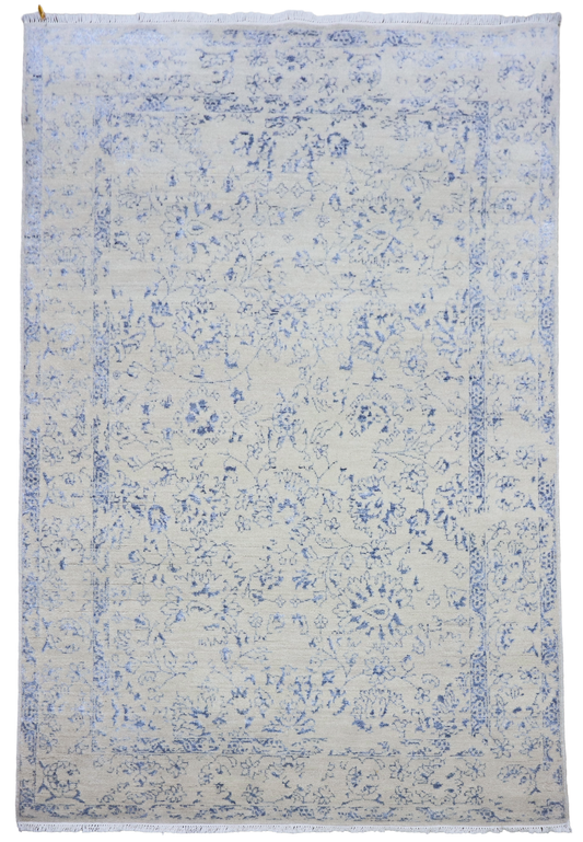 Ice blue area rug with distressed floral print and fringed border, 240x168 cm