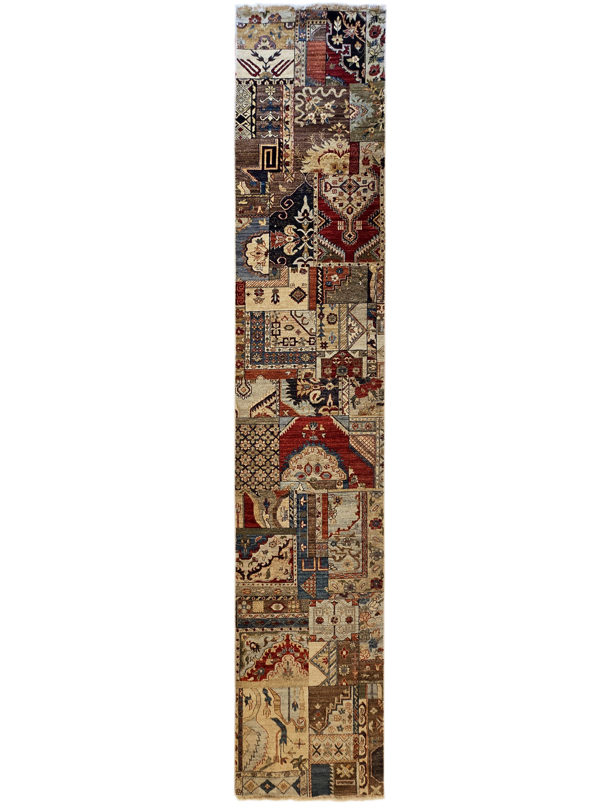Narrow patchwork rug with multicolor square and medallion designs on beige background