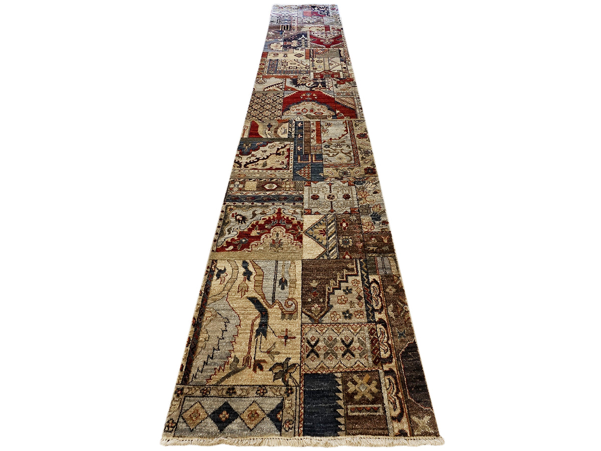 Long patchwork runner rug with multicolor geometric patches and short fringe border