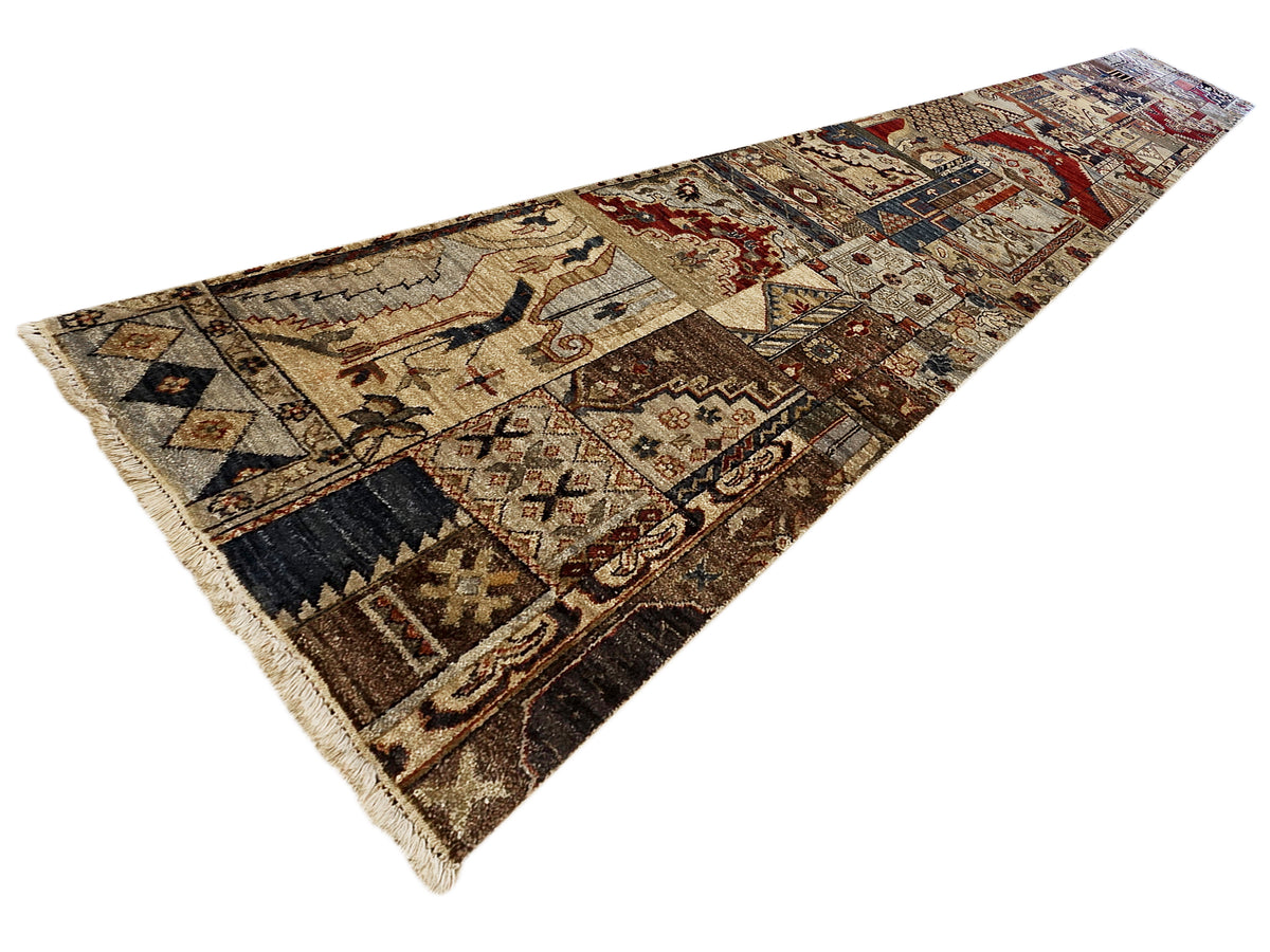 Patchwork rug with multicolor geometric pattern on beige ground and short fringe ends