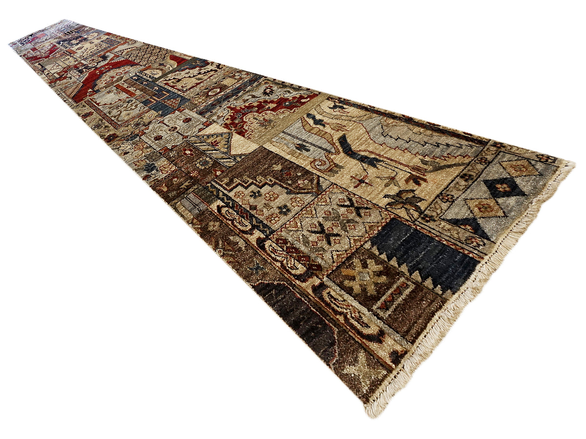 Patchwork runner rug with multicolor patchwork medallion motifs and fringed edge