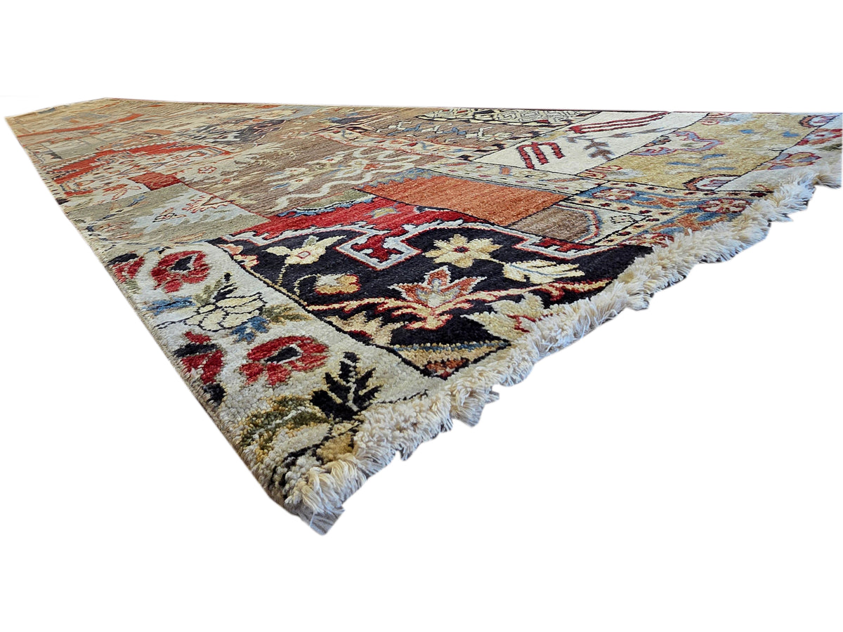 Patchwork runner rug with multicolor ornamental blocks and fringed corners