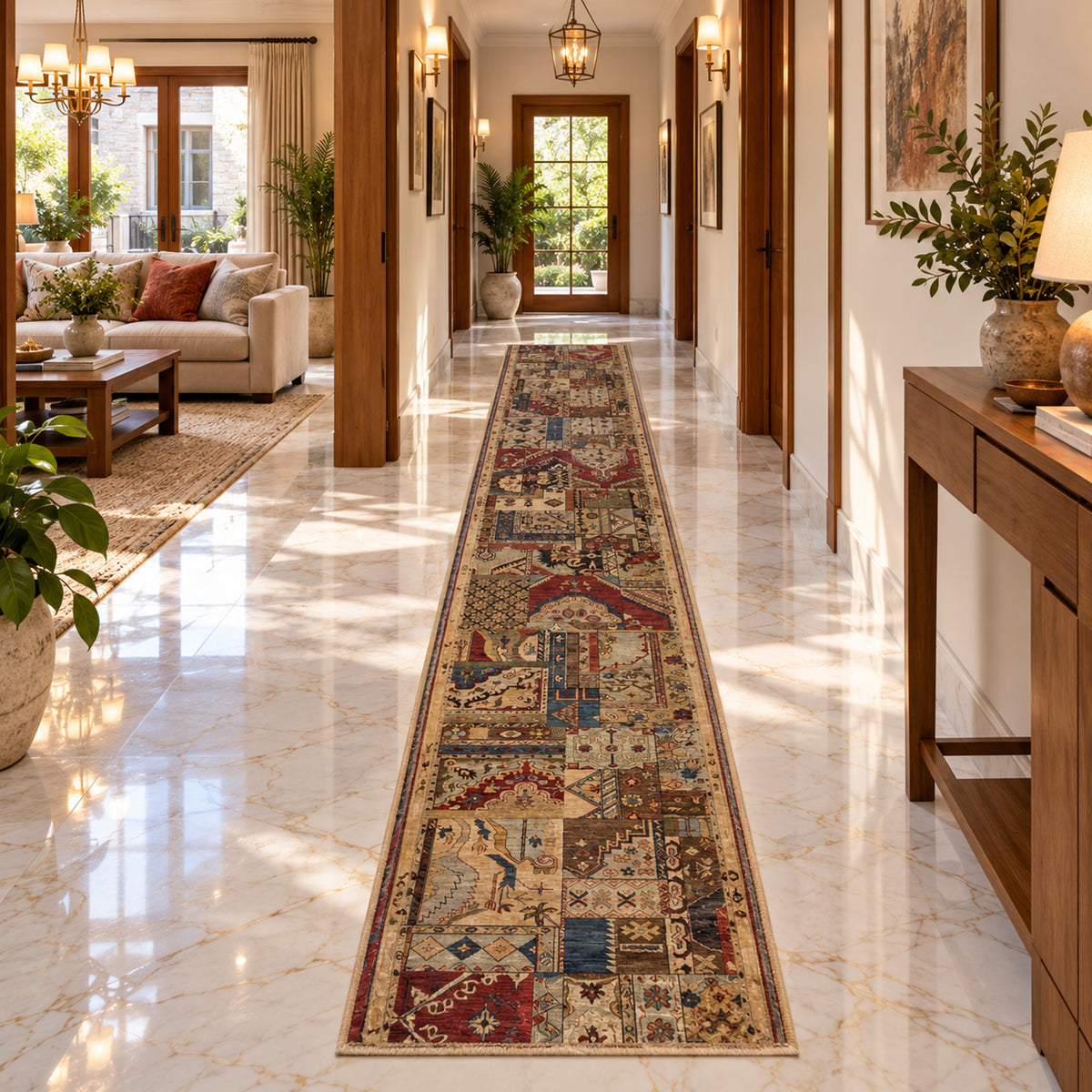 Patchwork runner rug laid in a hallway with multicolor geometric pattern