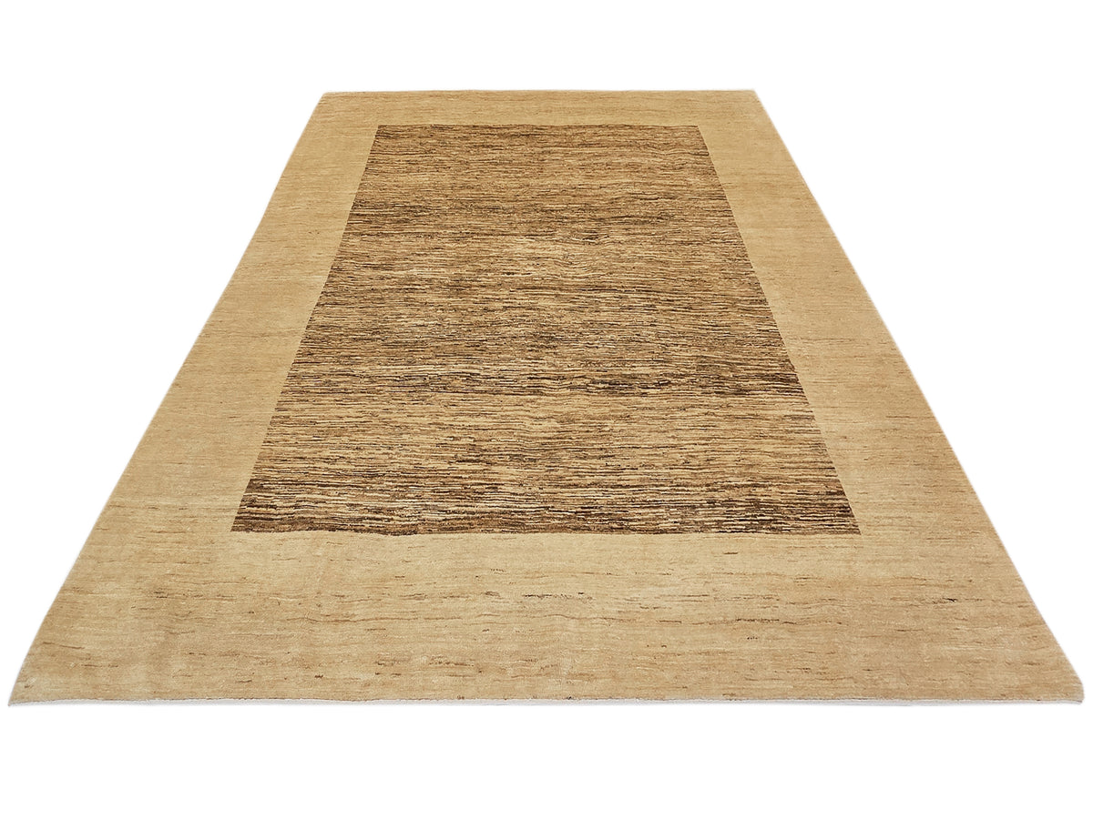 Beige flatweave rug with dark brown center panel and wide border