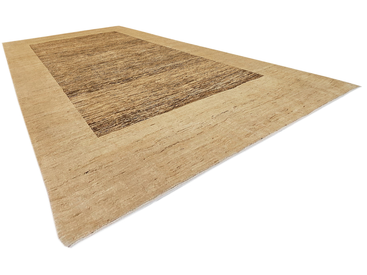 Beige flatweave rug with dark brown rectangular panel and textured stripe pattern
