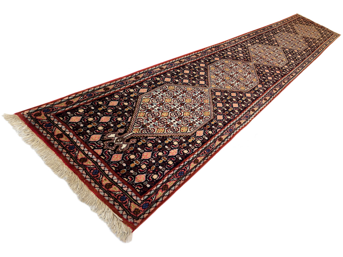 Corner view of patterned runner rug with dark background, red trim, multicolor medallions, fringe.