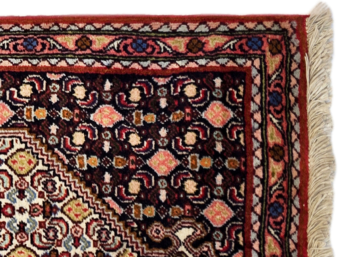 Close-up of patterned runner rug edge with multicolor motifs and light fringe on the side.