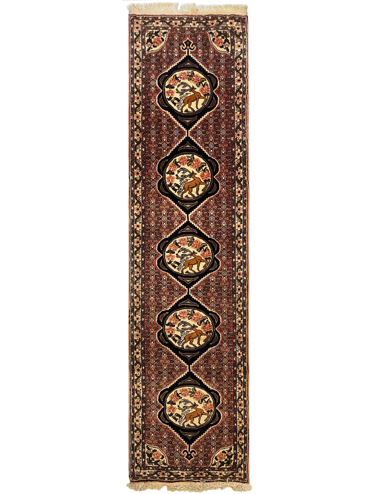 Vertical view of runner rug with stacked medallions on a dark maroon background