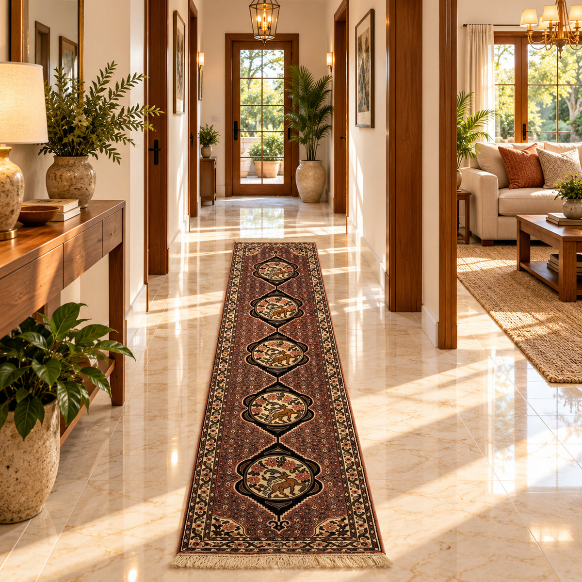 Narrow runner rug with dark red medallions and cream fringe in a hallway