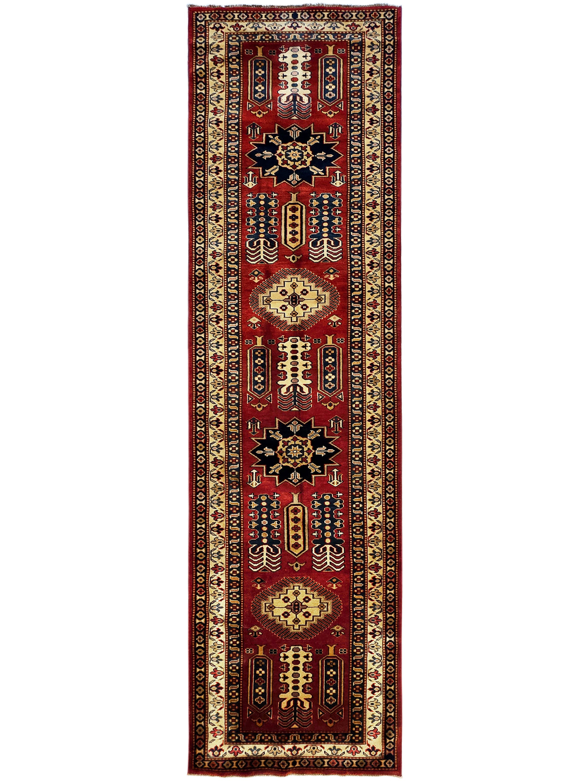 Rectangular Sherwan rug with red background, cream medallions, and geometric border.