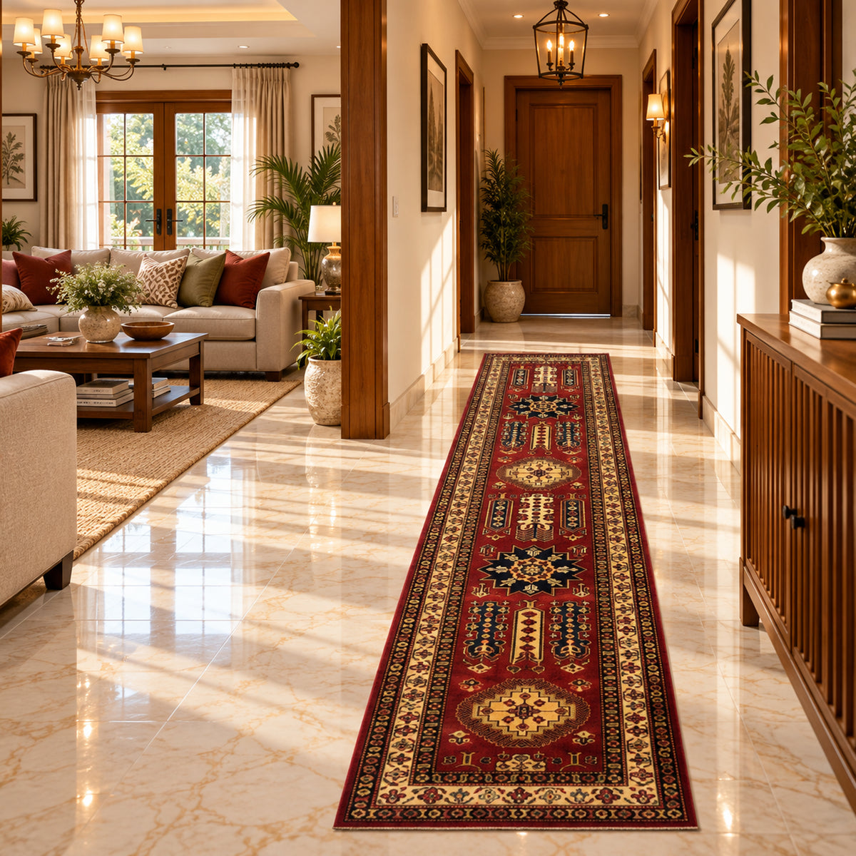 Rectangular Sherwan rug with red and cream ornate pattern, dark border, fringed ends.