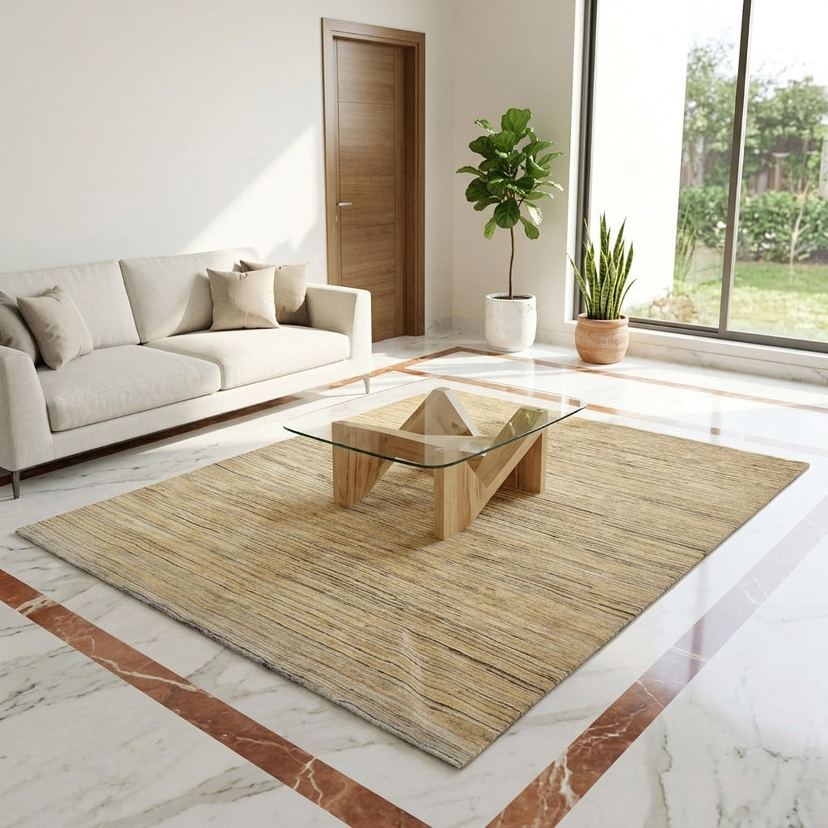 Streepje rug with thin stripes in beige and dark gray, laid flat with fringed edge.