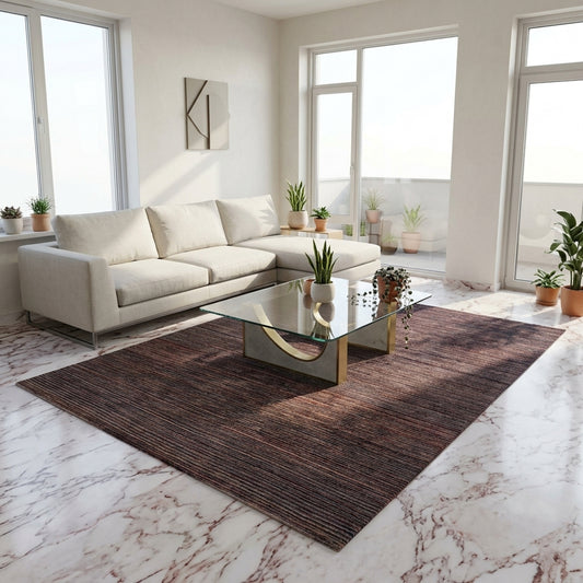 Brown striped area rug with fine linear texture and flat woven look.