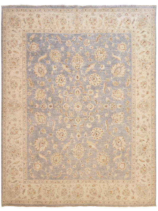 Square area rug with blue floral field framed by beige medallion border