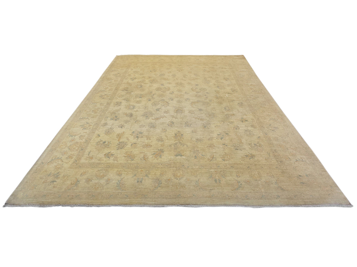 Beige rectangular rug with faded abstract pattern, flat weave, 300x246 cm