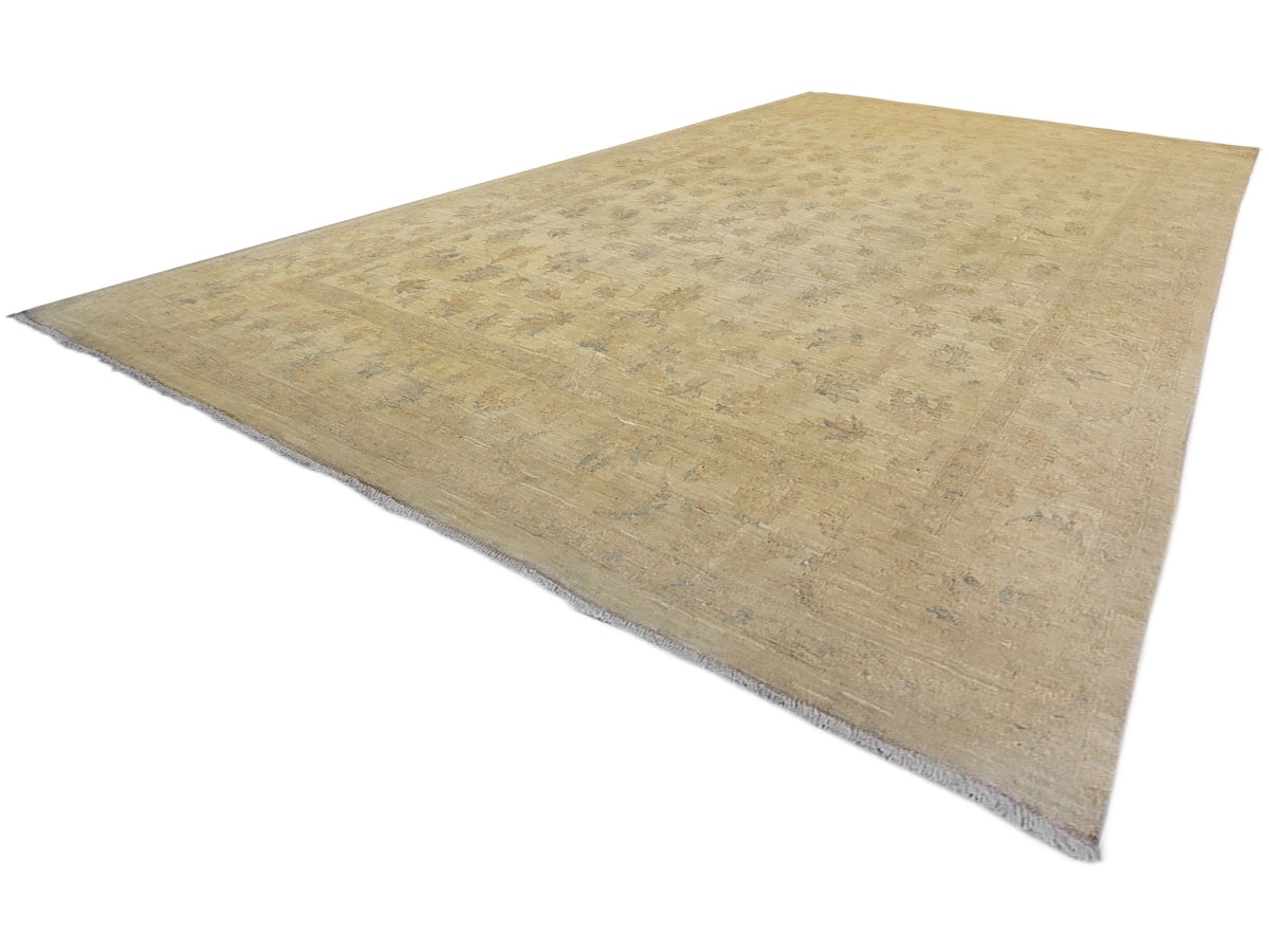 Tan rectangular rug with worn abstract design and short fringe edge, 300x246 cm
