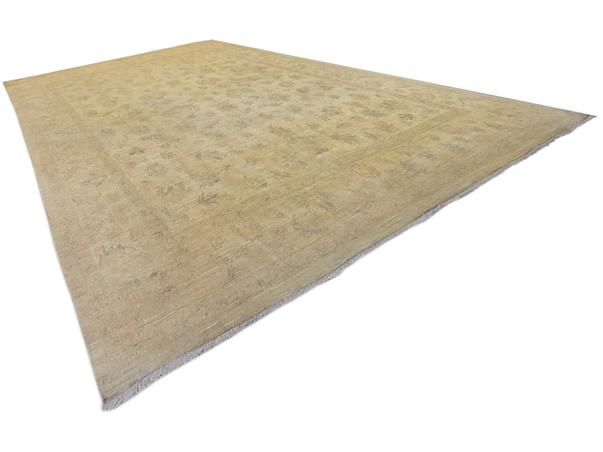 Beige rectangular rug with faded abstract pattern, flat weave, border detail