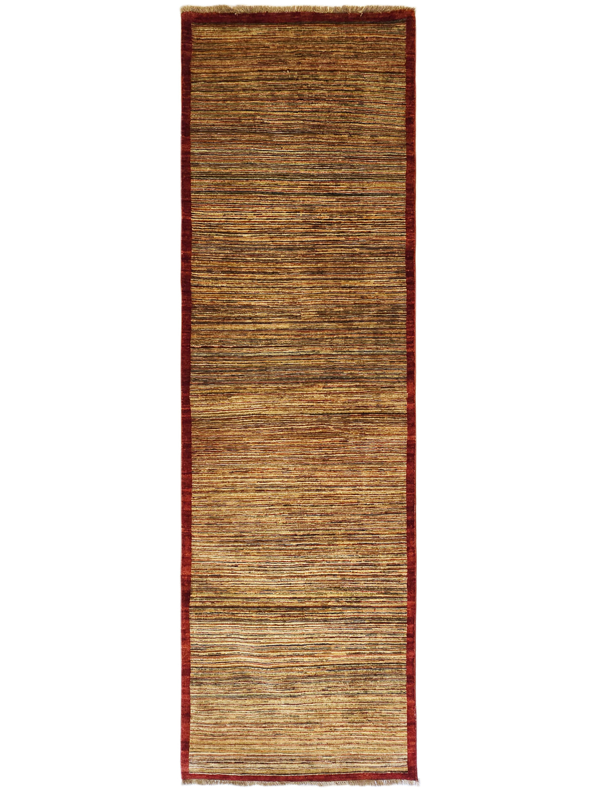 Gabbeh runner rug, tall rectangular shape with brown and multicolor stripes and red border.