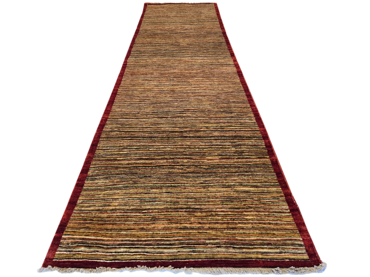 Gabbeh runner rug, brown striped pattern with red border, 209x78 cm.
