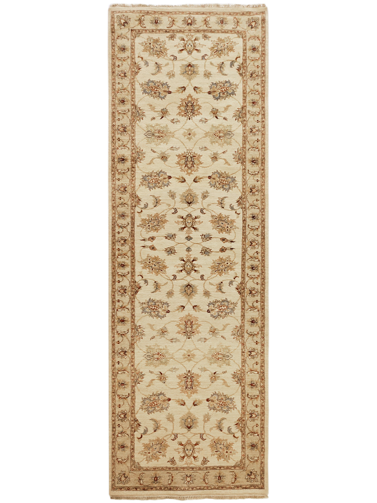 Beige floral patterned runner rug with detailed border and short fringe ends